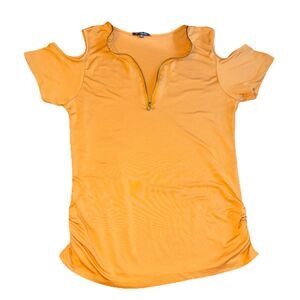 Splash Women's Yellow Cold Shoulder Top Zipper Accent Ruched Sides Size XL